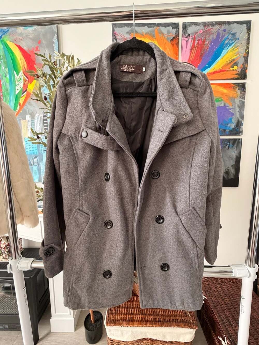 Men's GrayVintage Wool Pea Coat Double Breasted Long Winter Jacket Size Large